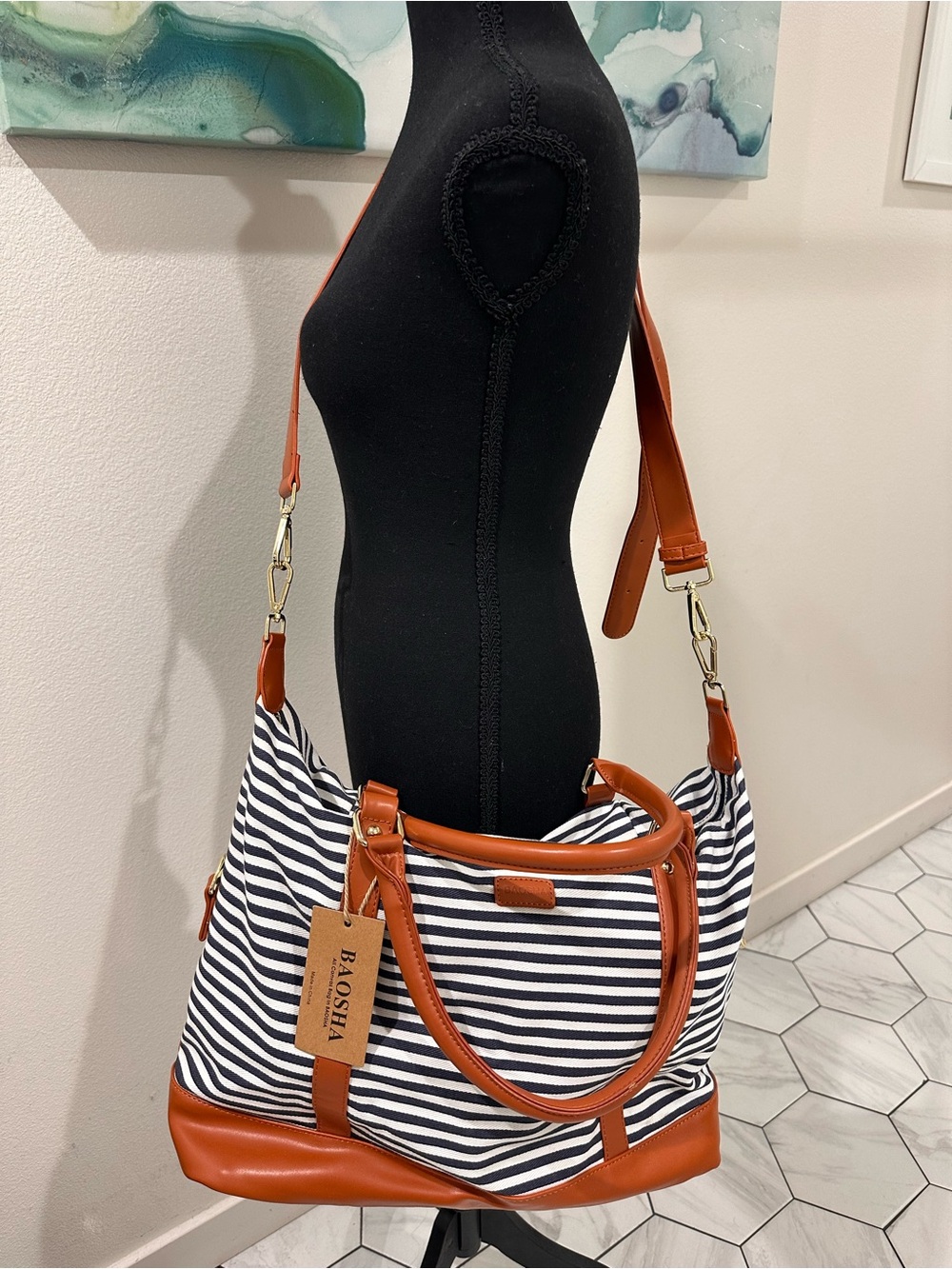 Striped Navy & White Tote with Brown Trim by